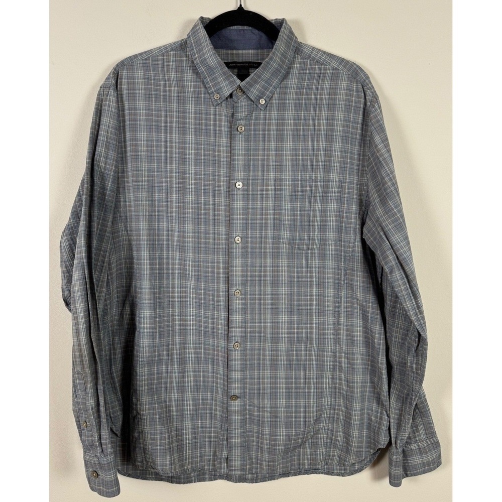 John‎ Varvatos Blue and Brown Long Sleeve Plaid Button Down Size L
